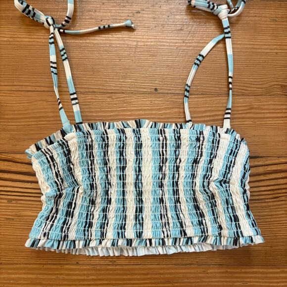 H&M blue black white striped smocked tie top bikini swimsuit SIZE M - Picture 2 of 6